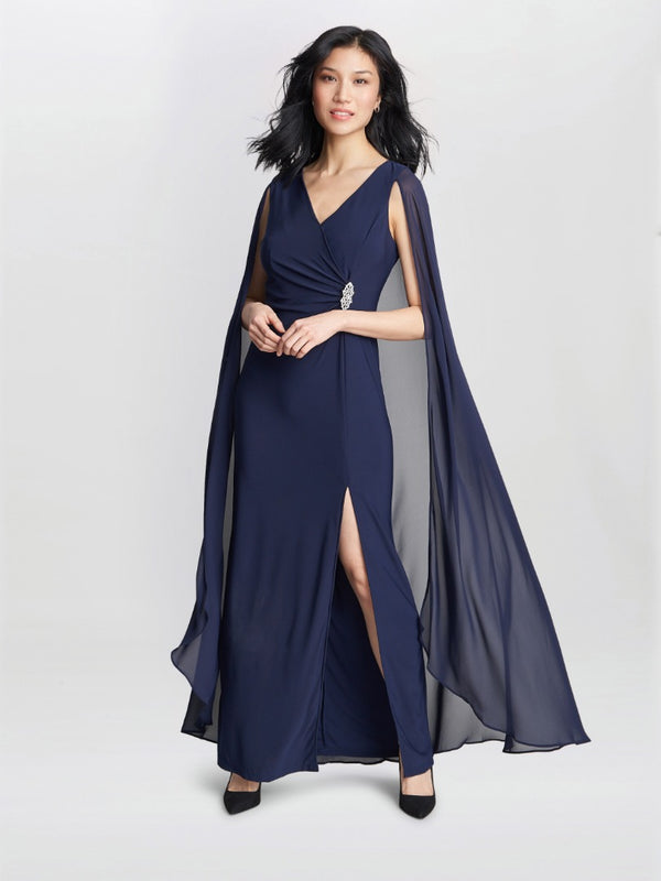 gina bacconi Elisa chiffon wrap cape maxi dress