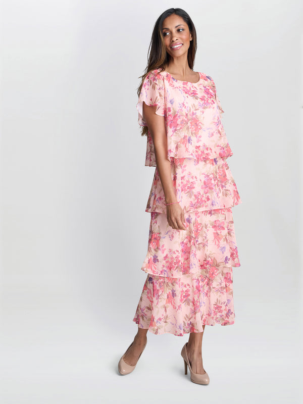 Gina Bacconi Essie Midi Length Printed Tier Dress