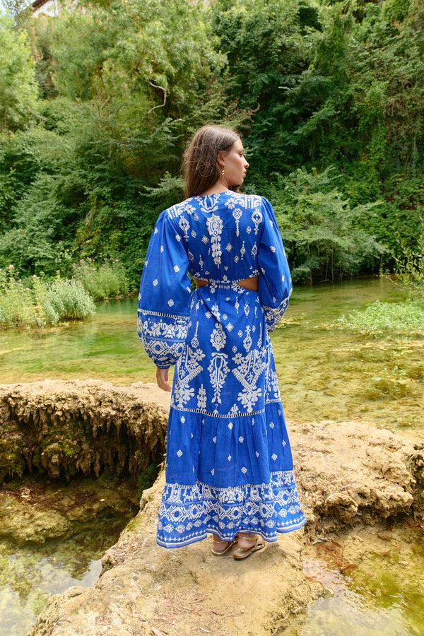 Gina Bacconi Piti Cuiti Blue Grecia Maxi Dress