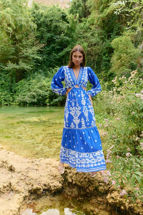 Gina Bacconi Piti Cuiti Blue Grecia Maxi Dress