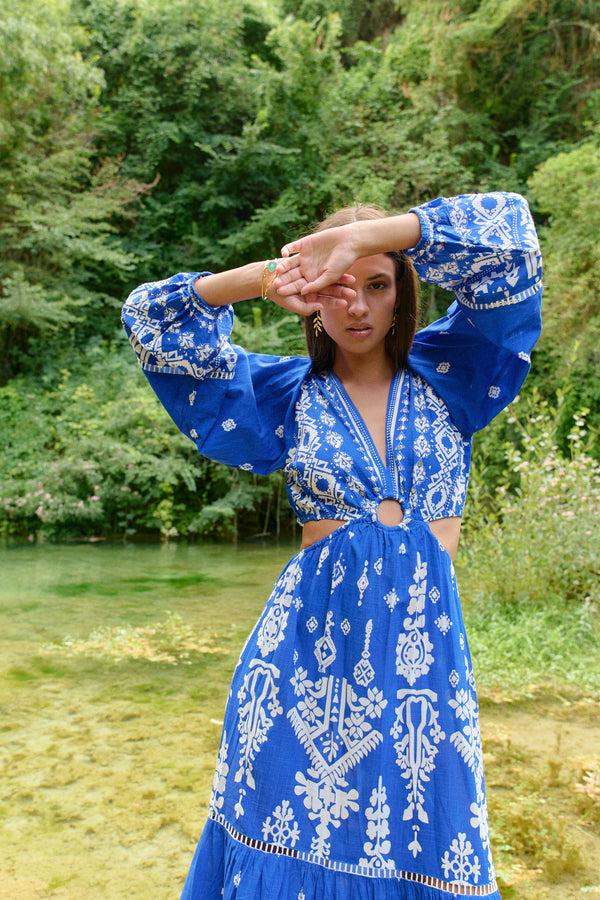 Gina Bacconi Piti Cuiti Blue Grecia Maxi Dress