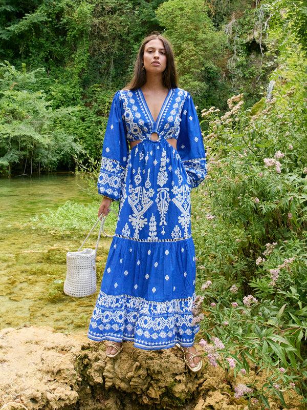 gina bacconi Piti cuiti blue grecia maxi dress