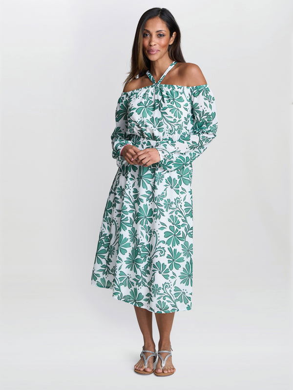 gina bacconi Ryan off shoulder midi dress