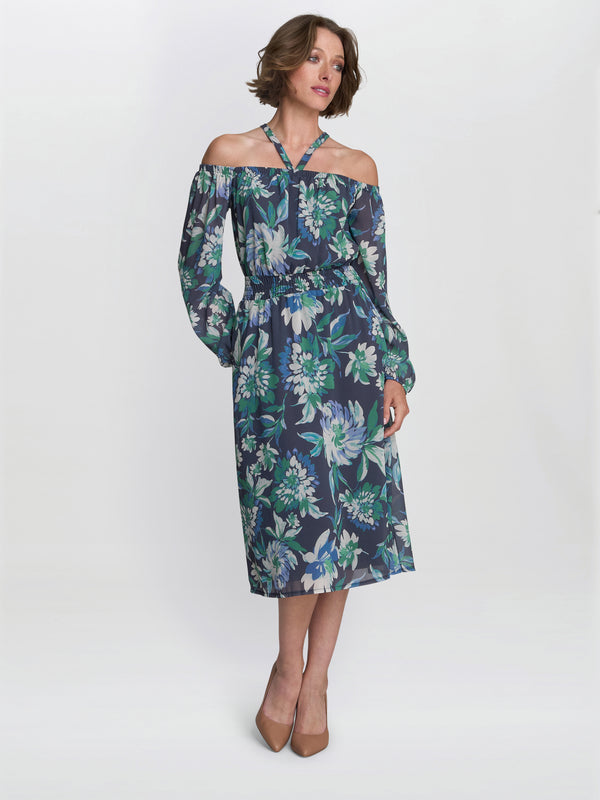 gina bacconi Ryan off shoulder midi dress