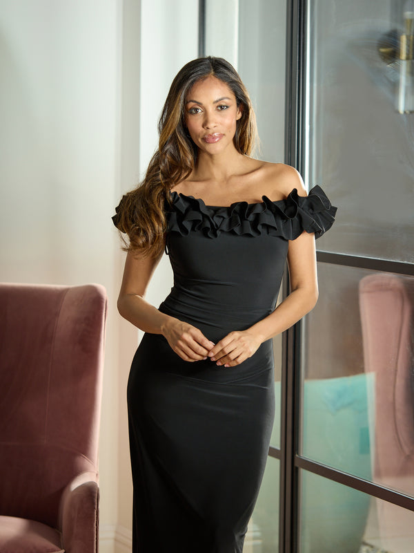 gina bacconi Sabrina jersey ruffle neck maxi dress