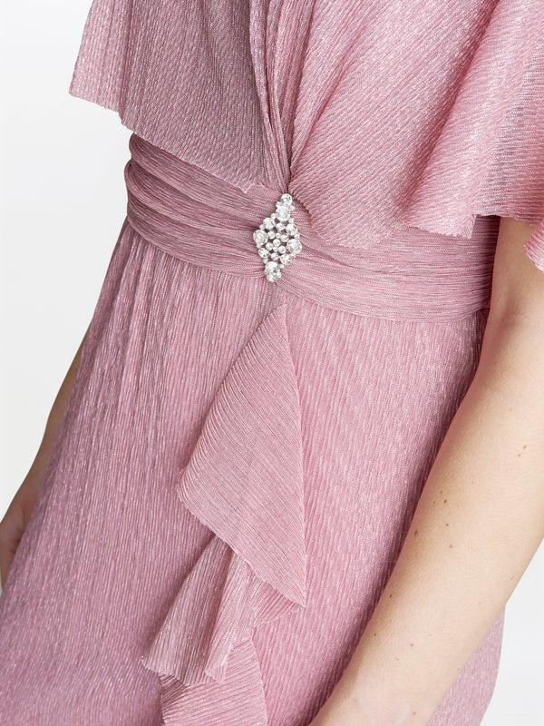 Gina Bacconi Sonya Pleated Dress With Brooch Rose
