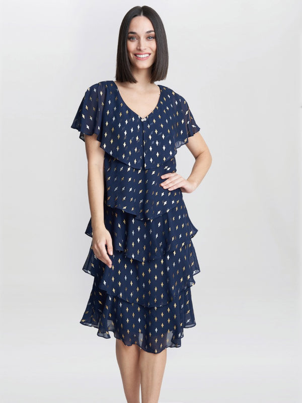 gina bacconi Sybil foil print tier dress