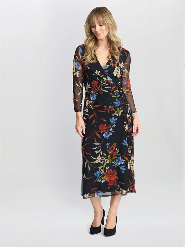 Gina Bacconi Tasmine Floral Mesh Wrap Dress
