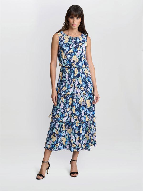 Gina Bacconi Zara Floral Print Plisse Tier Dress