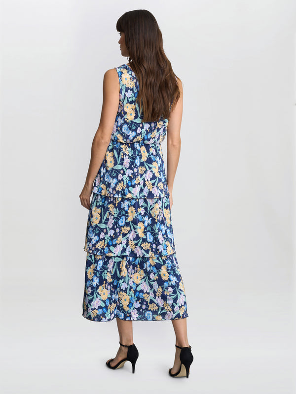 Gina Bacconi Zara Floral Print Plisse Tier Dress