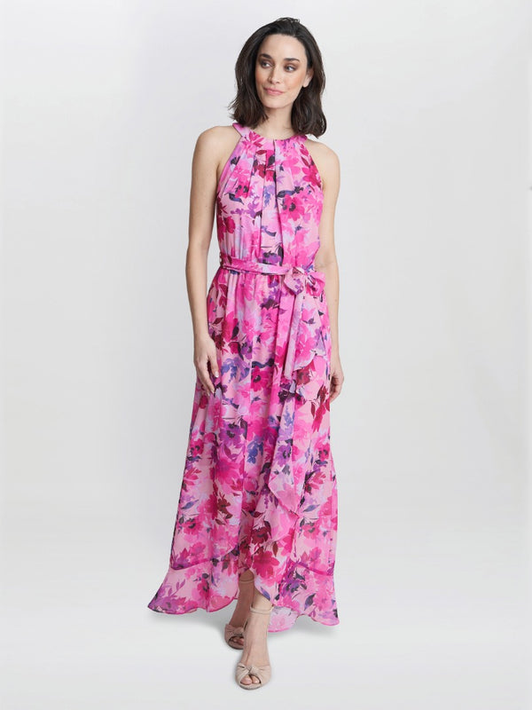 Gina Bacconi Hermione Printed Keyhole Halter Maxi Dress