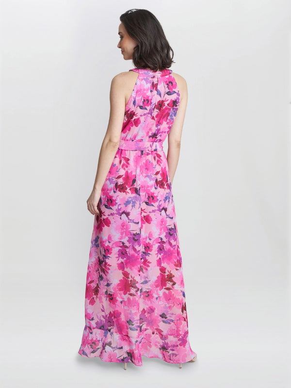 Gina Bacconi Hermione Printed Keyhole Halter Maxi Dress