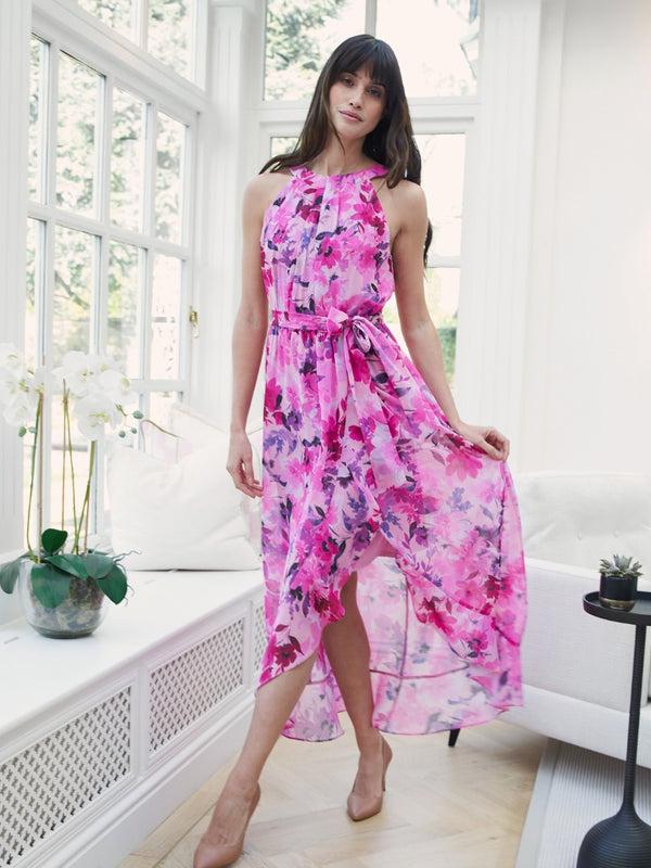 gina bacconi Hermione printed keyhole halter maxi dress