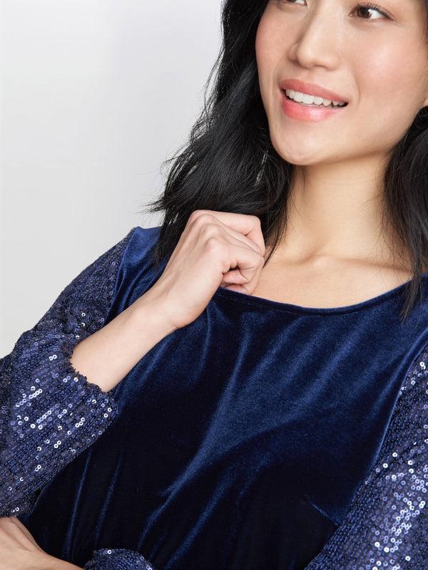 Gina Bacconi Ines Velvet Blouse With Illusion Bubble Sleeves DARK NAVY