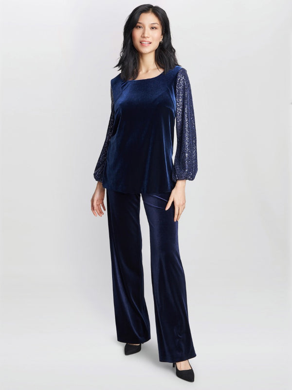 Gina Bacconi Ines Velvet Blouse With Illusion Bubble Sleeves DARK NAVY