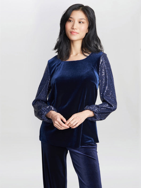 gina bacconi Ines velvet blouse with illusion bubble sleeves DARK NAVY