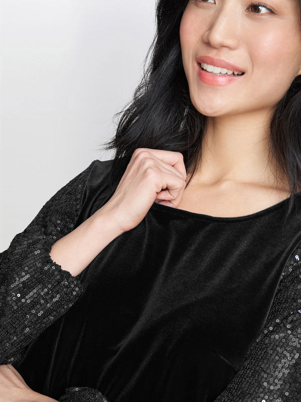 Gina Bacconi Ines Velvet Blouse With Sequin Bubble Sleeves Black