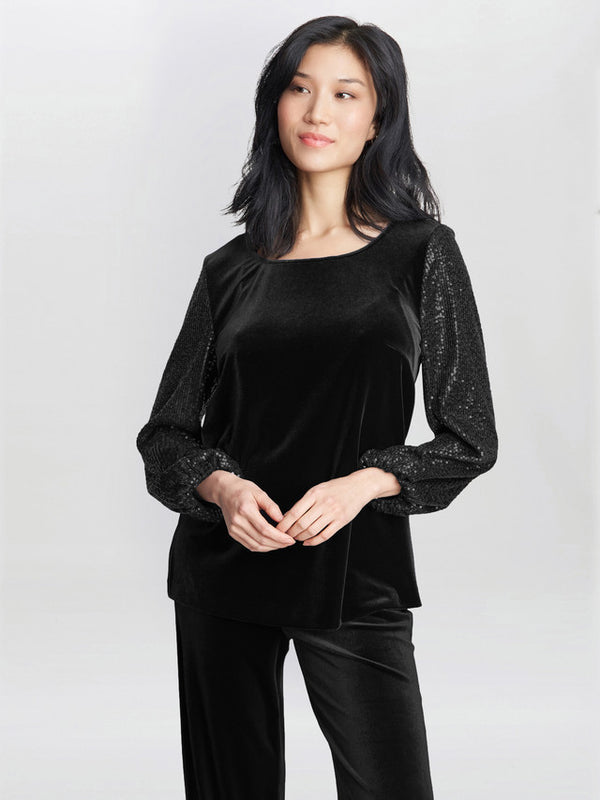 gina bacconi Ines velvet blouse with sequin bubble sleeves Black