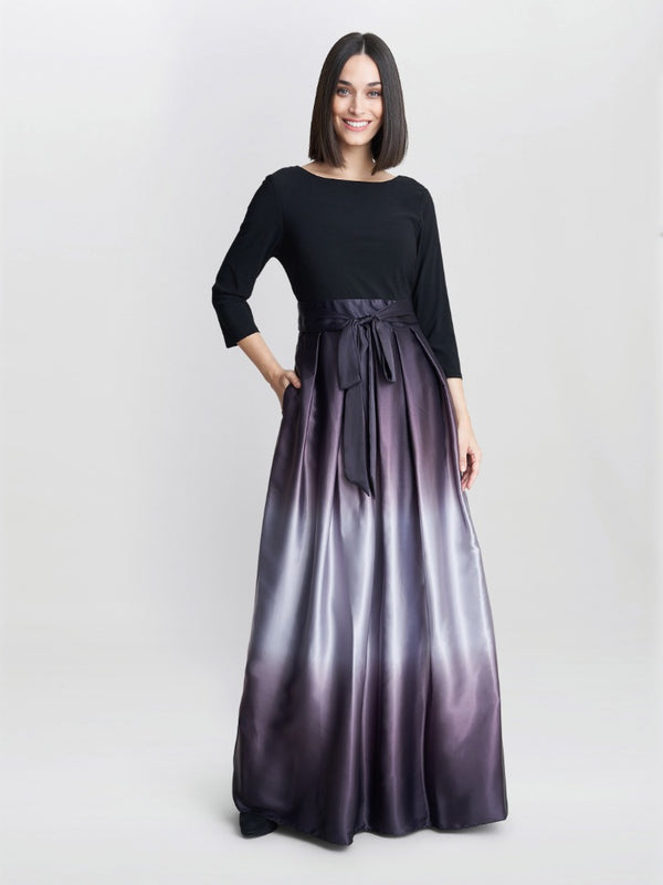 Gina Bacconi Ingrid V Neck Back Ombre Satin Maxi Dress Black