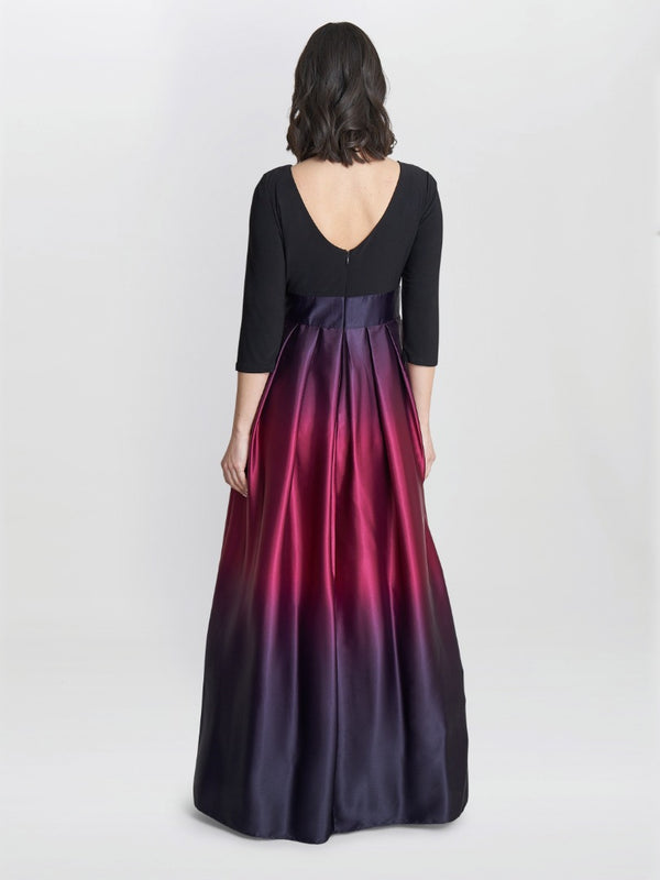 Gina Bacconi Ingrid V Neck Back Ombre Satin Maxi Dress Fig