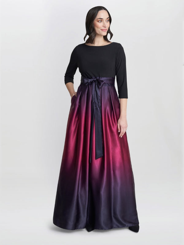 Gina Bacconi Ingrid V Neck Back Ombre Satin Maxi Dress Fig