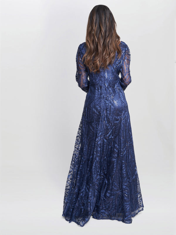 Gina Bacconi Isabel Maxi Embroidered A-line Dress With Illusion Neckline