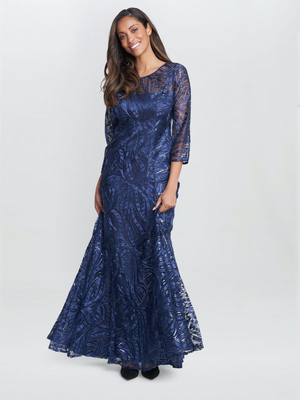 Gina Bacconi Isabel Maxi Embroidered A-line Dress With Illusion Neckline