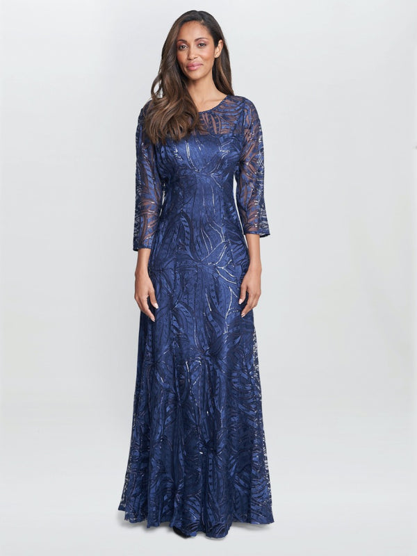 gina bacconi Isabel maxi embroidered a-line dress with illusion neckline