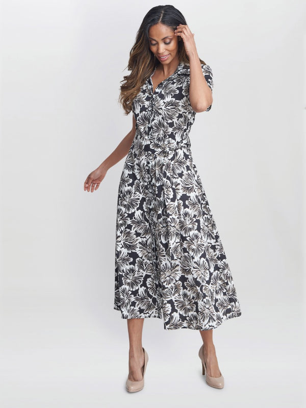 Gina Bacconi Ivonne Short Sleeve Shirt Dress BLACK / WHITE