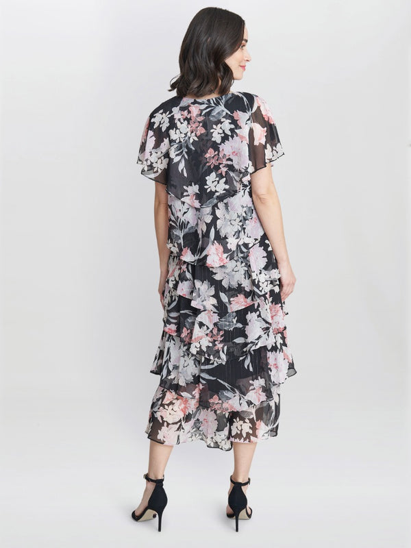 Gina Bacconi Janice V Neck Printed Midi Length Tiered Dress