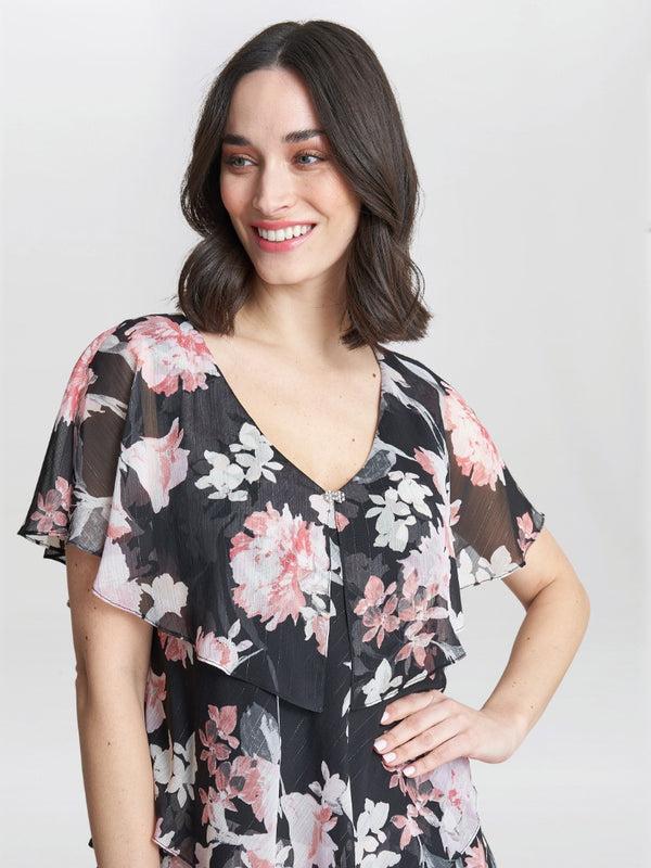 Gina Bacconi Janice V Neck Printed Midi Length Tiered Dress