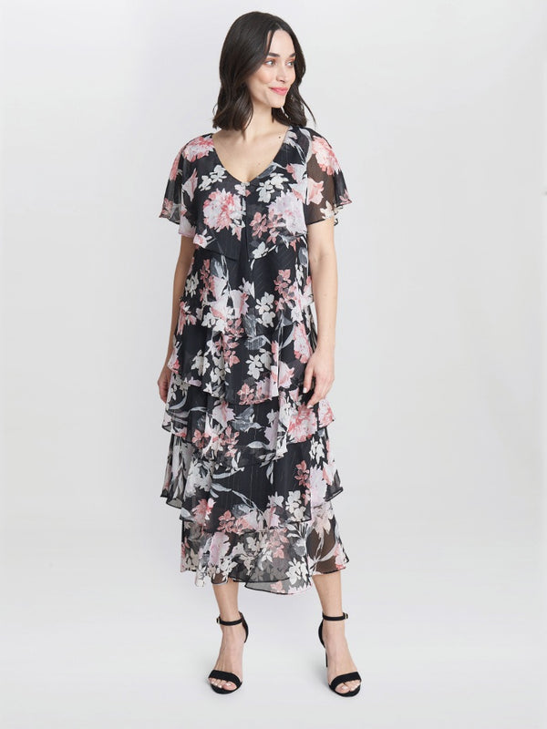 Gina Bacconi Janice V Neck Printed Midi Length Tiered Dress