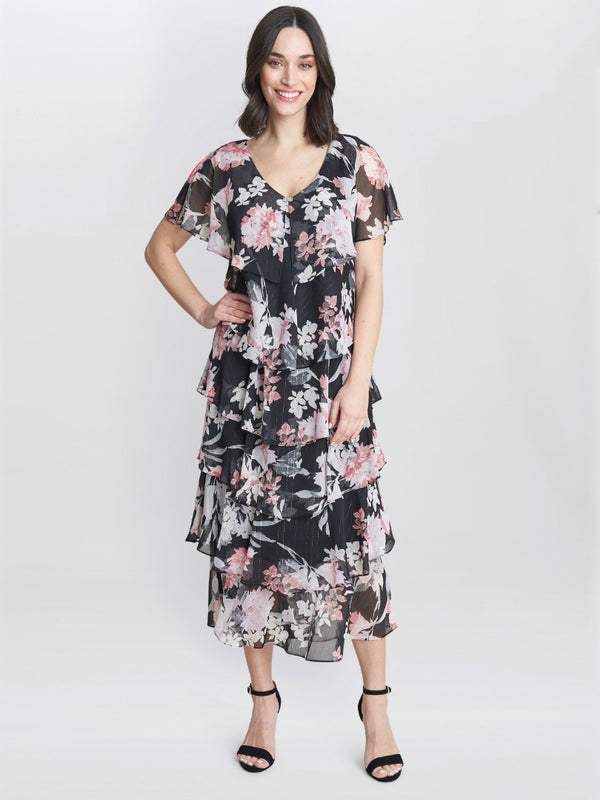 gina bacconi Janice v neck printed midi length tiered dress