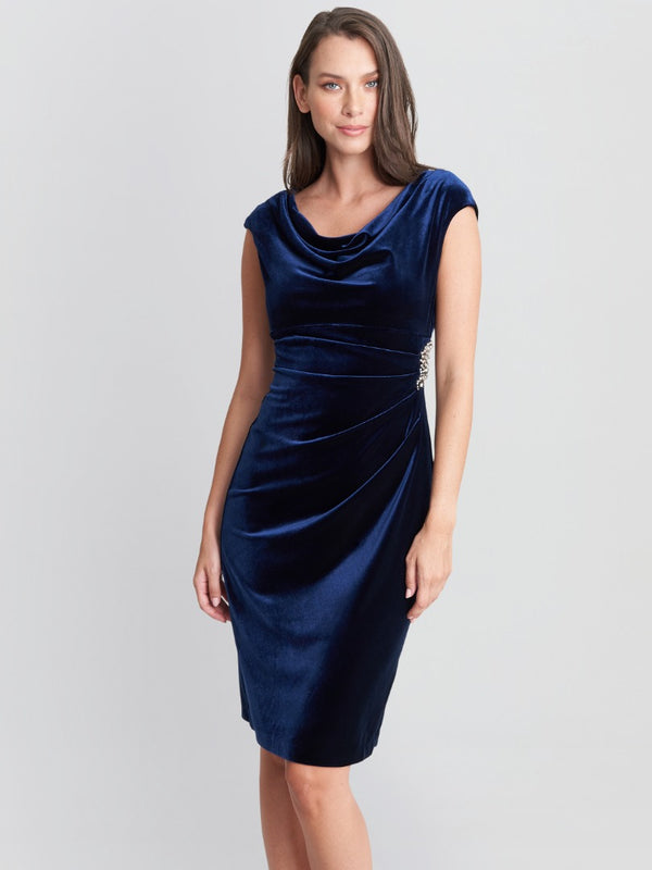gina bacconi Jeanie velvet cowl neck dress with embellished hip