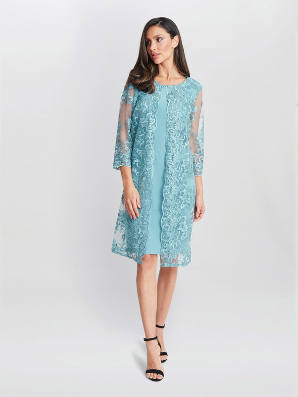 gina bacconi Jill embroidered lace mock jacket dress