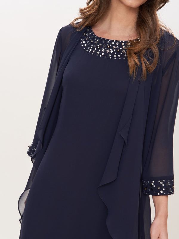 Gina Bacconi Joseline Short Chiffon Jacket Dress With Beaded Neckline SPRING NAVY
