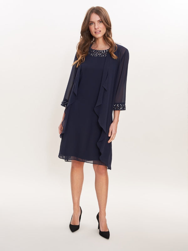 gina bacconi Joseline short chiffon jacket dress with beaded neckline SPRING NAVY