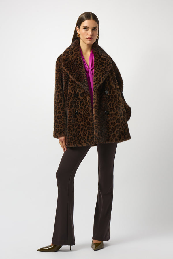 Gina Bacconi Joseph Ribkoff Faux Fur Leopard Print Double-breasted Coat