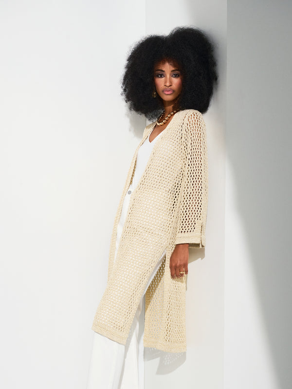 gina bacconi Joseph ribkoff sweater knit open stitch cover-up with metal fibres