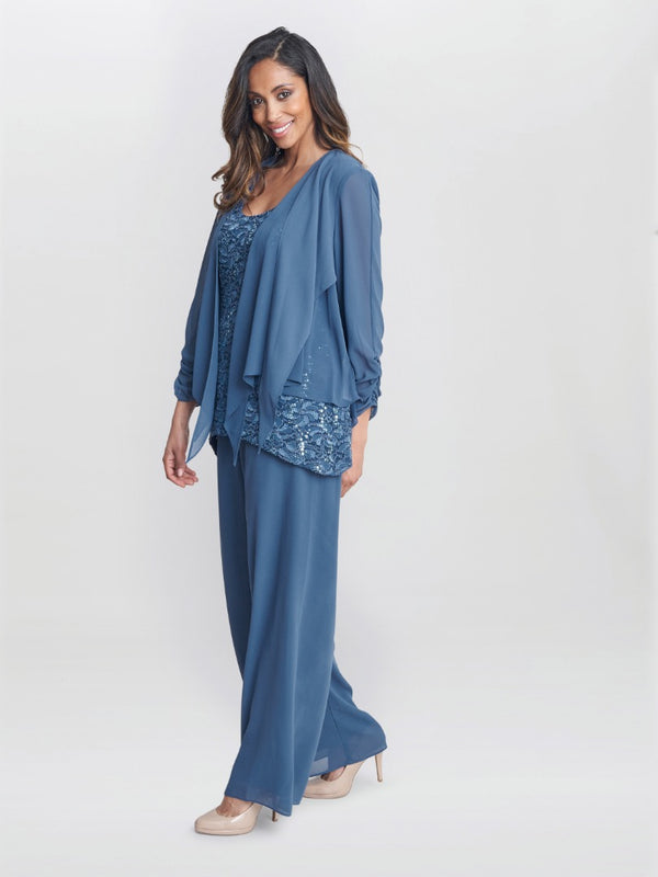 Gina Bacconi Julia 3 Piece Trouser Suit With Lace Top Jacket And Trouser