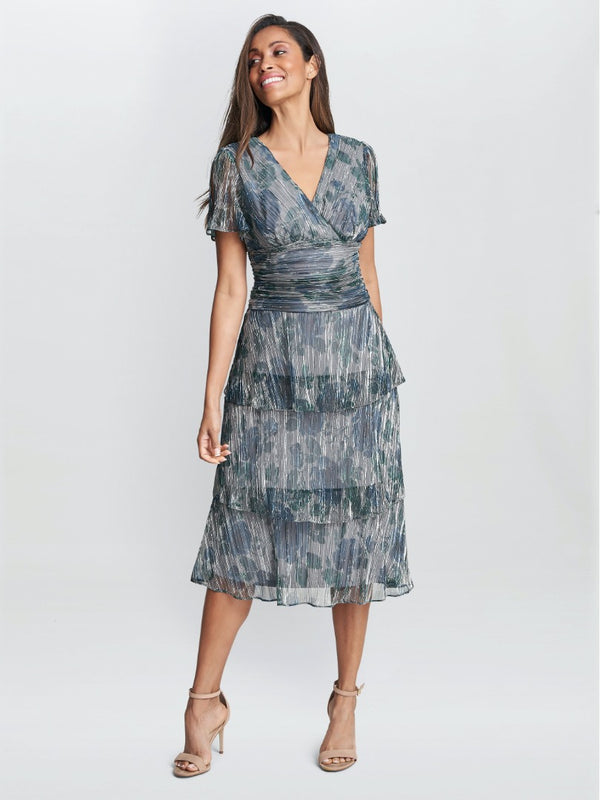 Gina Bacconi June Midi Printed Dress With Tiered Skirt