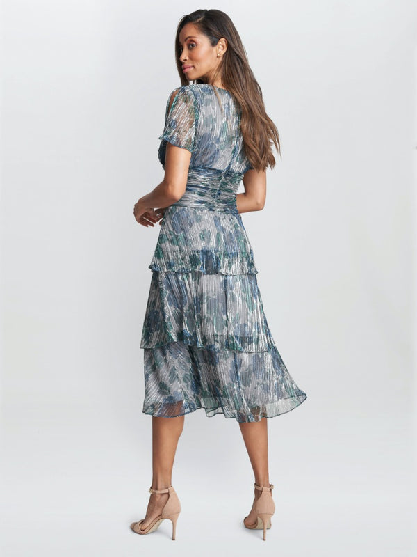 Gina Bacconi June Midi Printed Dress With Tiered Skirt