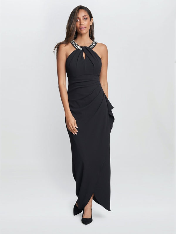 gina bacconi Kasandra halter beaded neck maxi dress