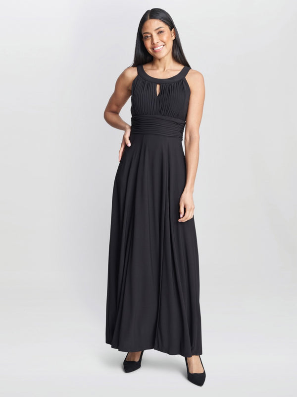 gina bacconi Kelsie ruched waist keyhole neck maxi dress