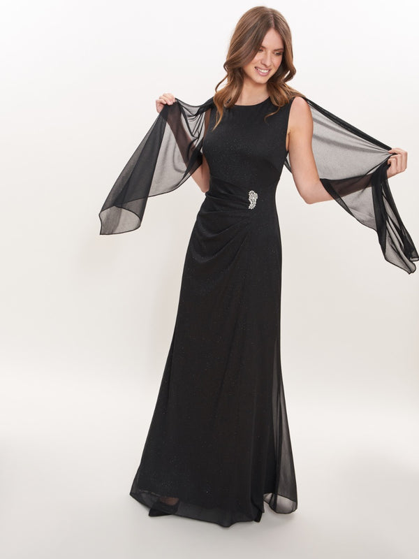 Gina Bacconi Kendal Long Sleeveless Dress With Ruched Embellished Waist And Shawl