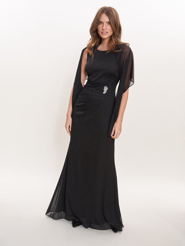 gina bacconi Kendal long sleeveless dress with ruched embellished waist and shawl