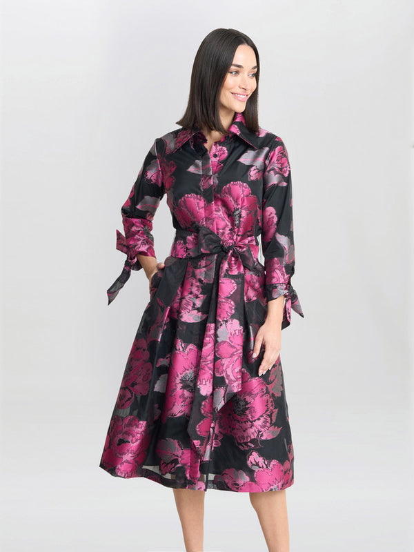 Gina Bacconi Lauren Jacquard Shirt Dress Black Fuschia