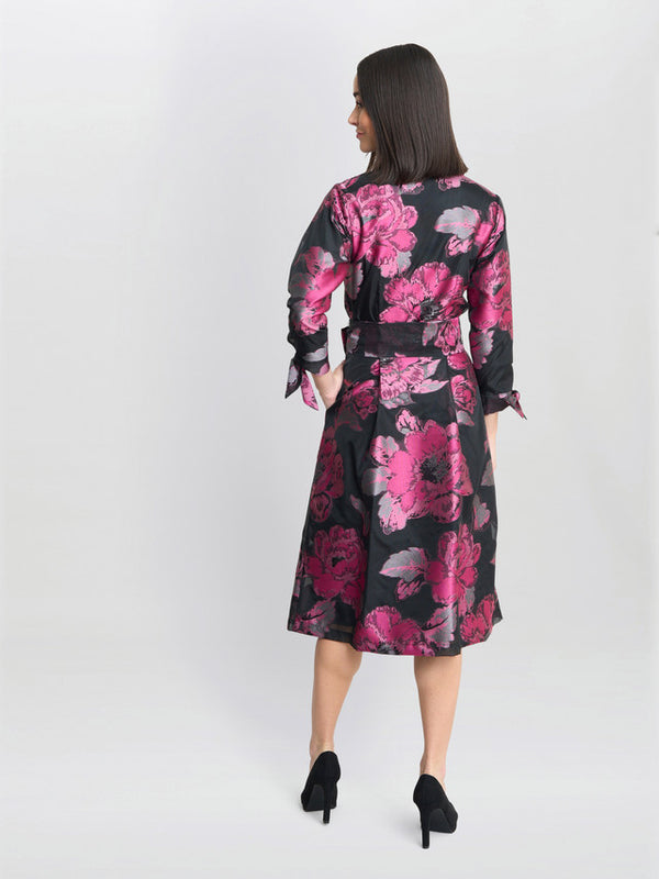 Gina Bacconi Lauren Jacquard Shirt Dress Black Fuschia