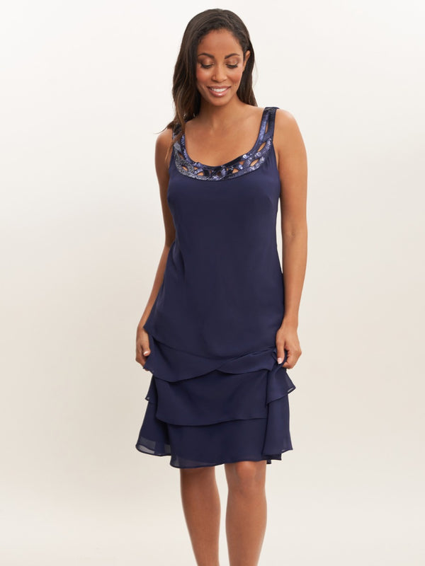Gina Bacconi Leigh Embellished Tiered Sequin Jacket Dress SAPPHIRE