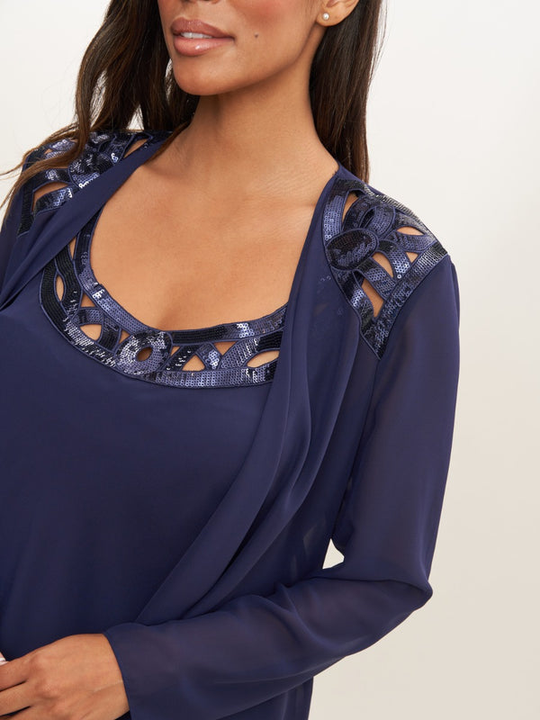 Gina Bacconi Leigh Embellished Tiered Sequin Jacket Dress SAPPHIRE